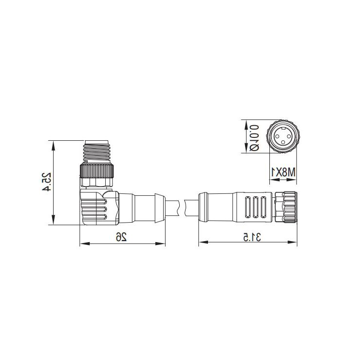 M8 3Pin, female straight turn male 90°, double end pre-cast PVC non-flexible cable, grey sheathing, 63D043-XXX 