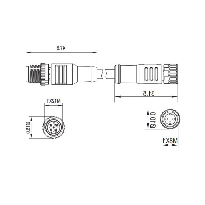 M8 to M12 3Pin, M8 female straight to M12 male straight, double-ended pre-cast PVC non-flexible cable, gray sheath, 63D203-XXX