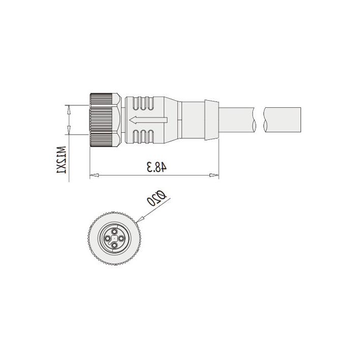 M12 4Pin T-coded, straight female, single-end pre-cast PVC non-flexible cable, grey sheathing, 64TP01-XXX