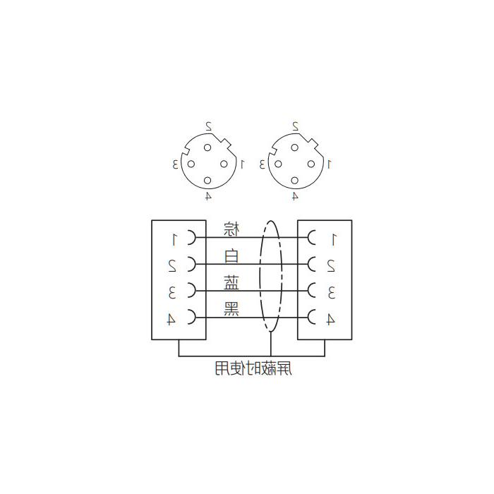 M12 4-PIN D-coded, female straight turn female straight, double-ended precast PUR flexible cable, shielded, black sheath, 64DD65-XXX